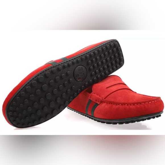 GUCCI RED SUEDE LEATHER WEB DETAIL MOCCASIN LOAFERS SHOES 5.5/US 6 NWB - Picture 7 of 8